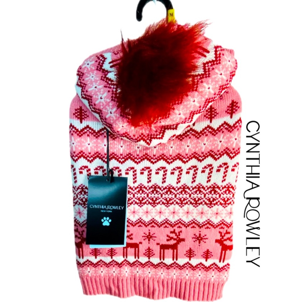 CYNTHIA ROWLEY Pink Christmas Fleece Lined Pom Pom Hoodie Dog Sweater Sz M